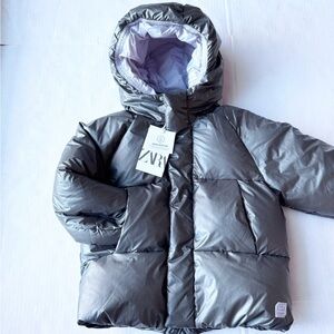 Zara Girl New Water Resistant Hooded Puffer Jacket in Gray NWT size 5Y